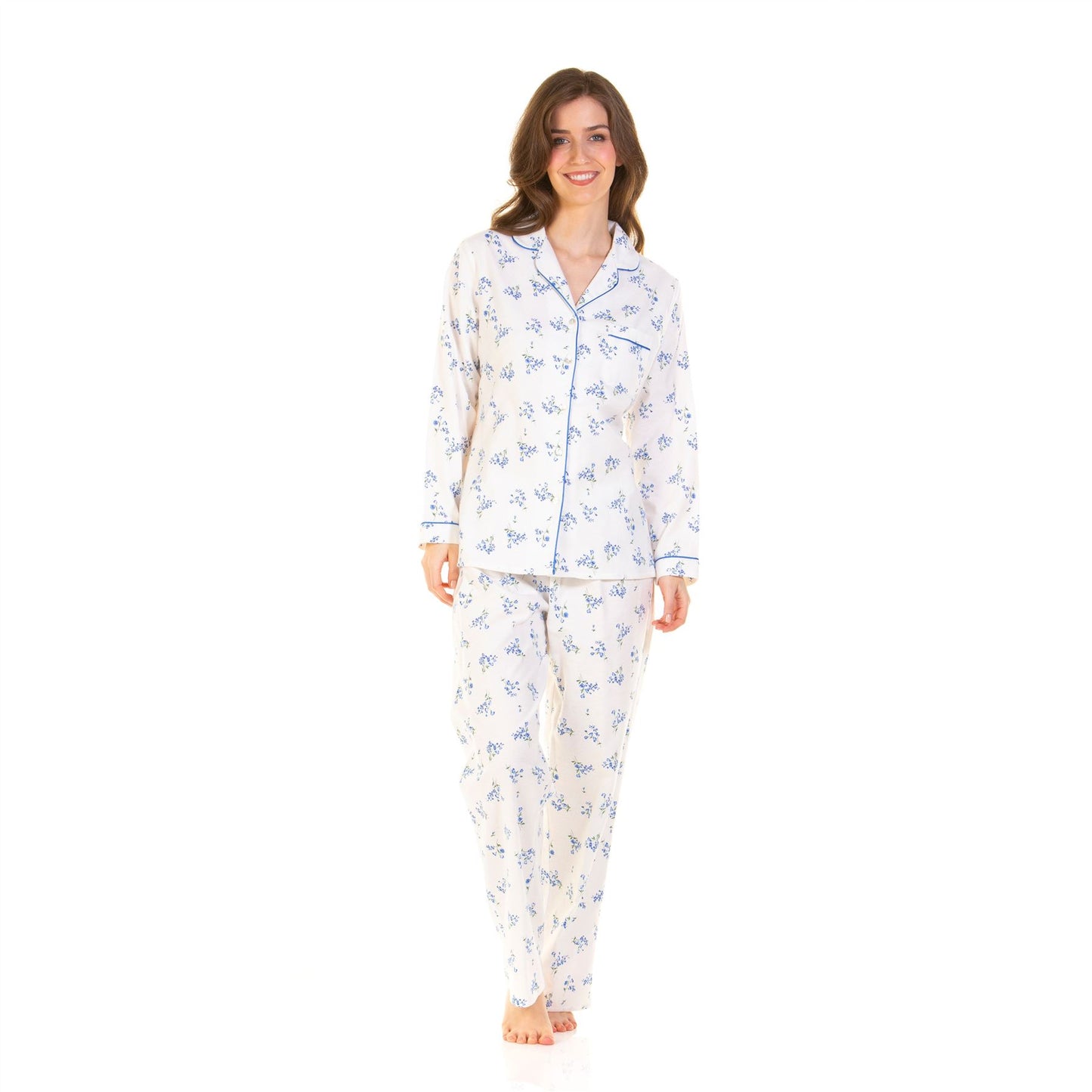 Sue Marks Womens Floral Button Through Brushed Cotton Pyjamas - Blue