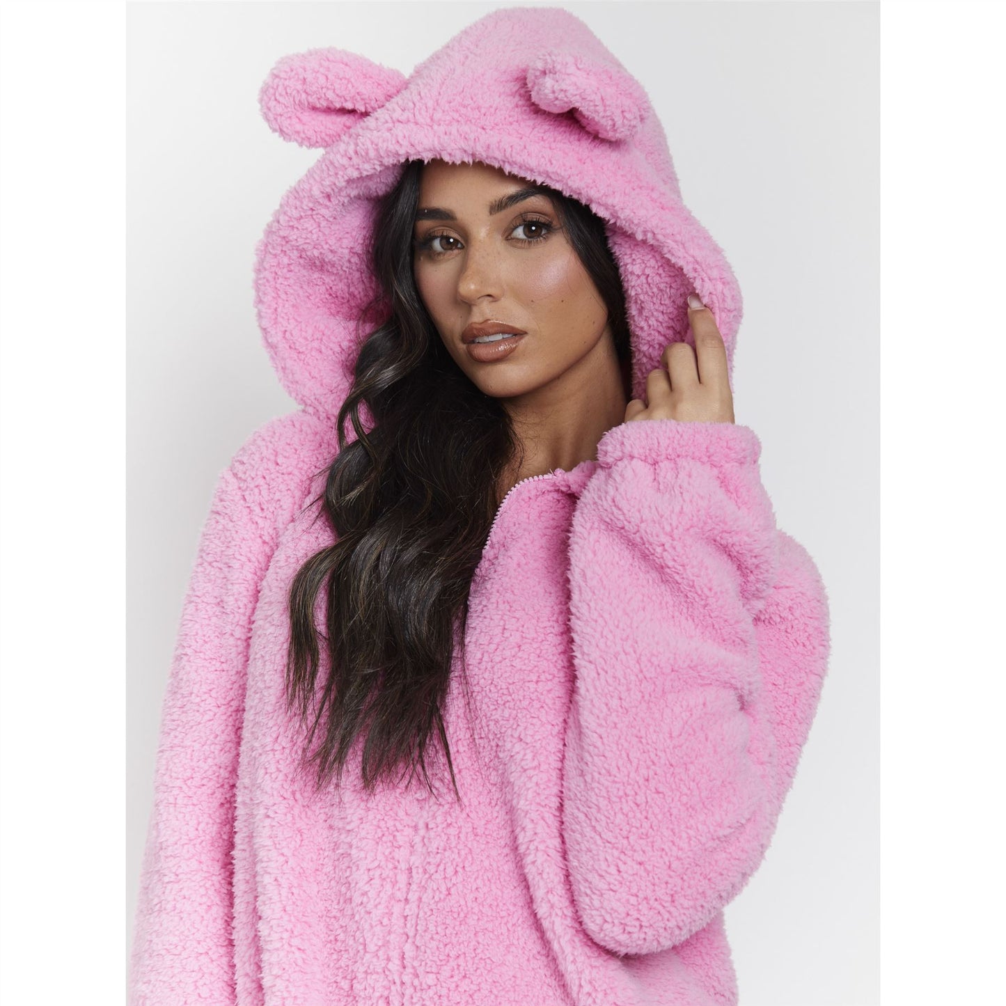 Loungeable Womens Sherpa Fleece Teddy Bear Onesie - Hot Pink