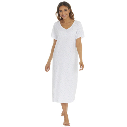 Cottonique Short Sleeve Floral Nightdress - White/Blue
