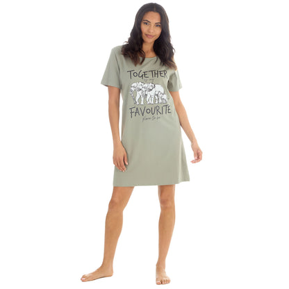 Forever Dreaming Elephants 'Together' Womens Nightdress - Khaki
