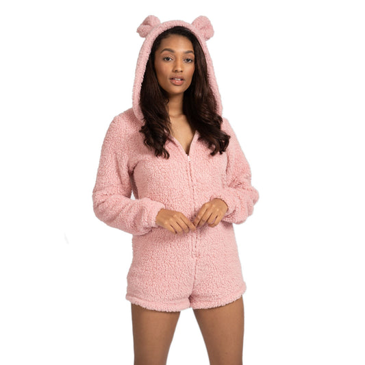 Loungeable Womens Teddy Sherpa Fleece Romper Onesie - Pink