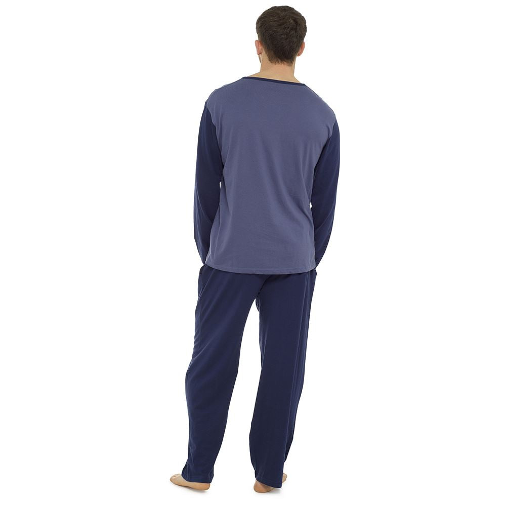 Tom Franks Mens Contrast Long Sleeve Jersey Pyjamas - Navy/Denim