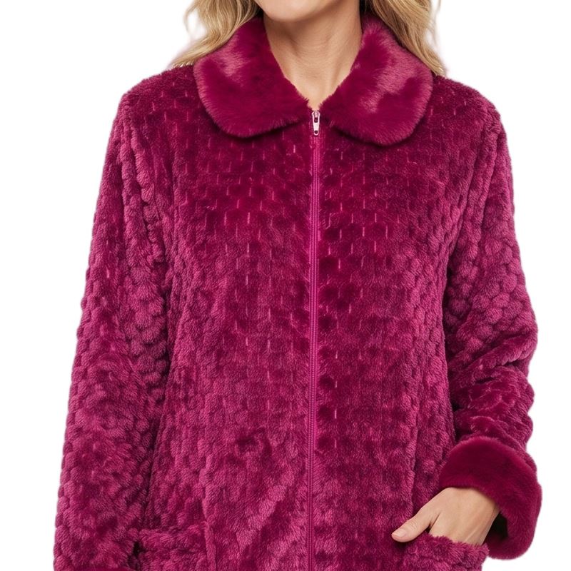 Marlon Womens Jacquard Puff Fleece Zip Robe - Burgundy Marlon