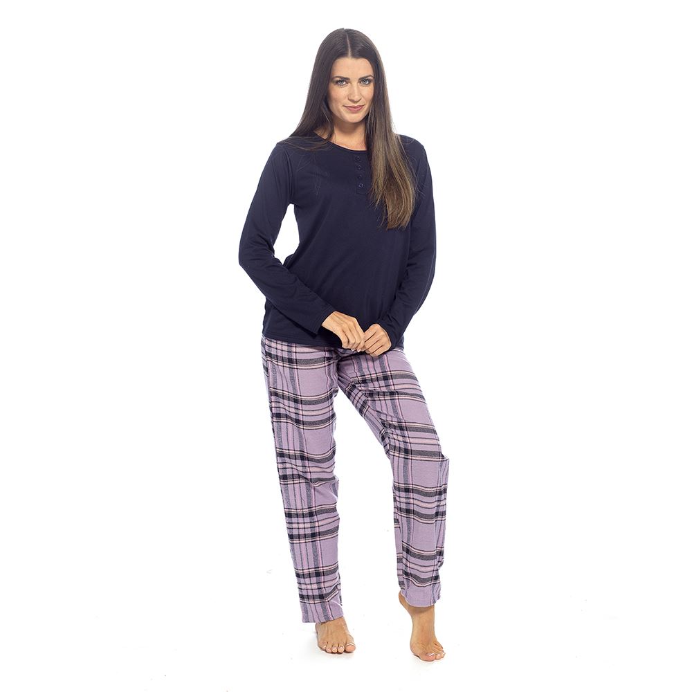 Foxbury Womens Jersey Top and Check Bottoms Pyjama Set - Navy/Lilac