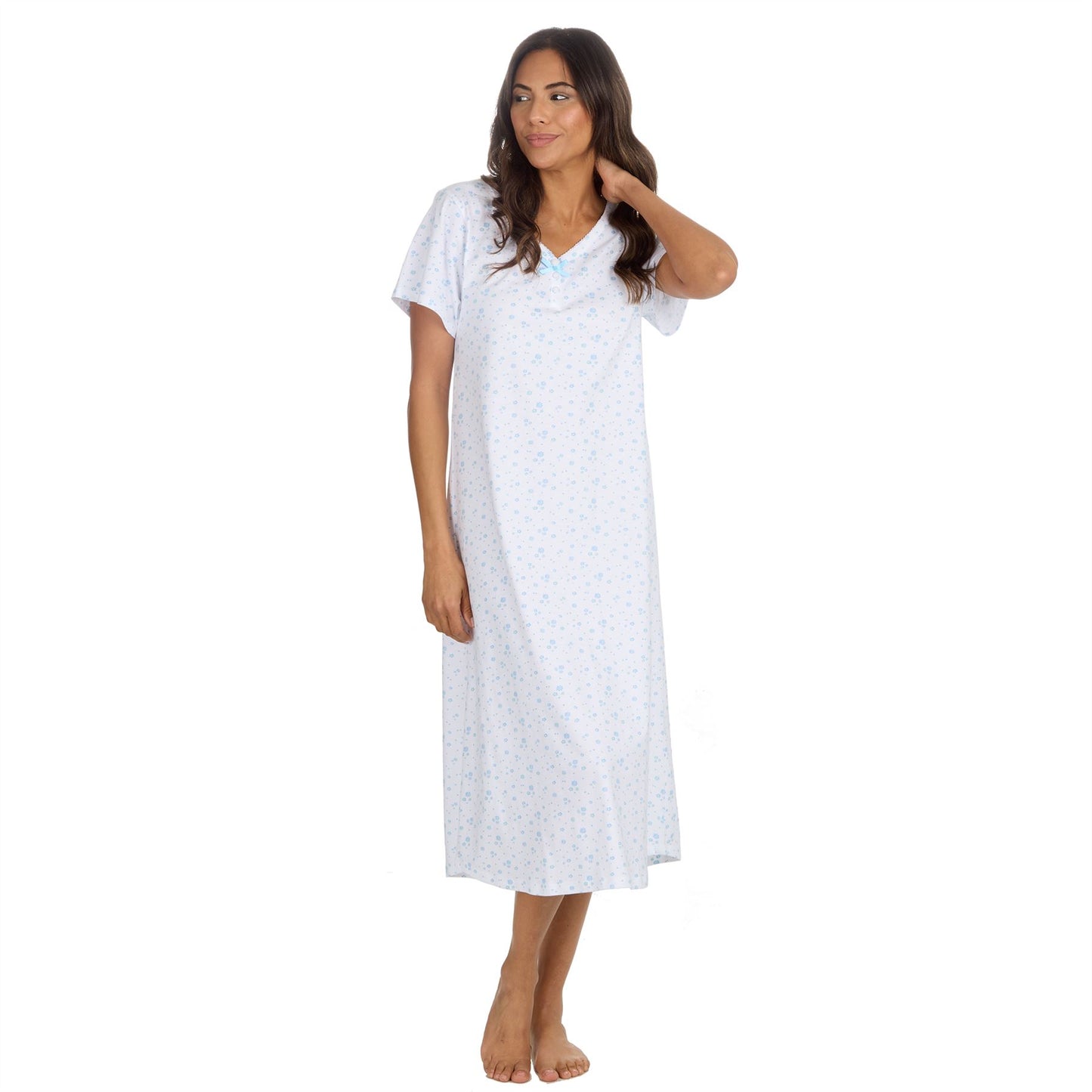 Cottonique Short Sleeve Floral Longline Nightdress - White/Blue
