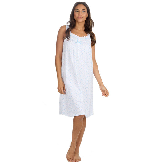 Cottonique Sleeveless Floral Nightdress - White/Blue