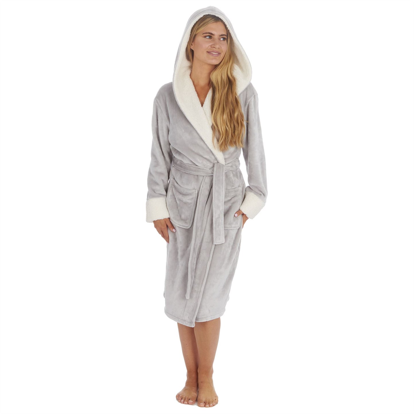 Forever Dreaming Womens Shimmer/Borg Contrast Fleece Robe - Grey