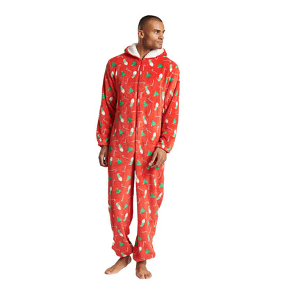 Loungeable Mens Christmas Print Fleece Onesie - Red