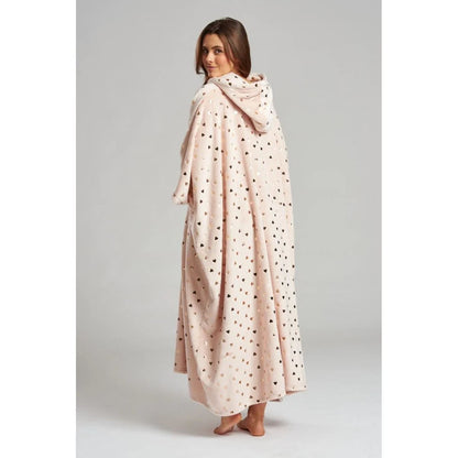 Loungeable Womens Foil Heart Long Luxury Fleece Hooded Poncho - Pink