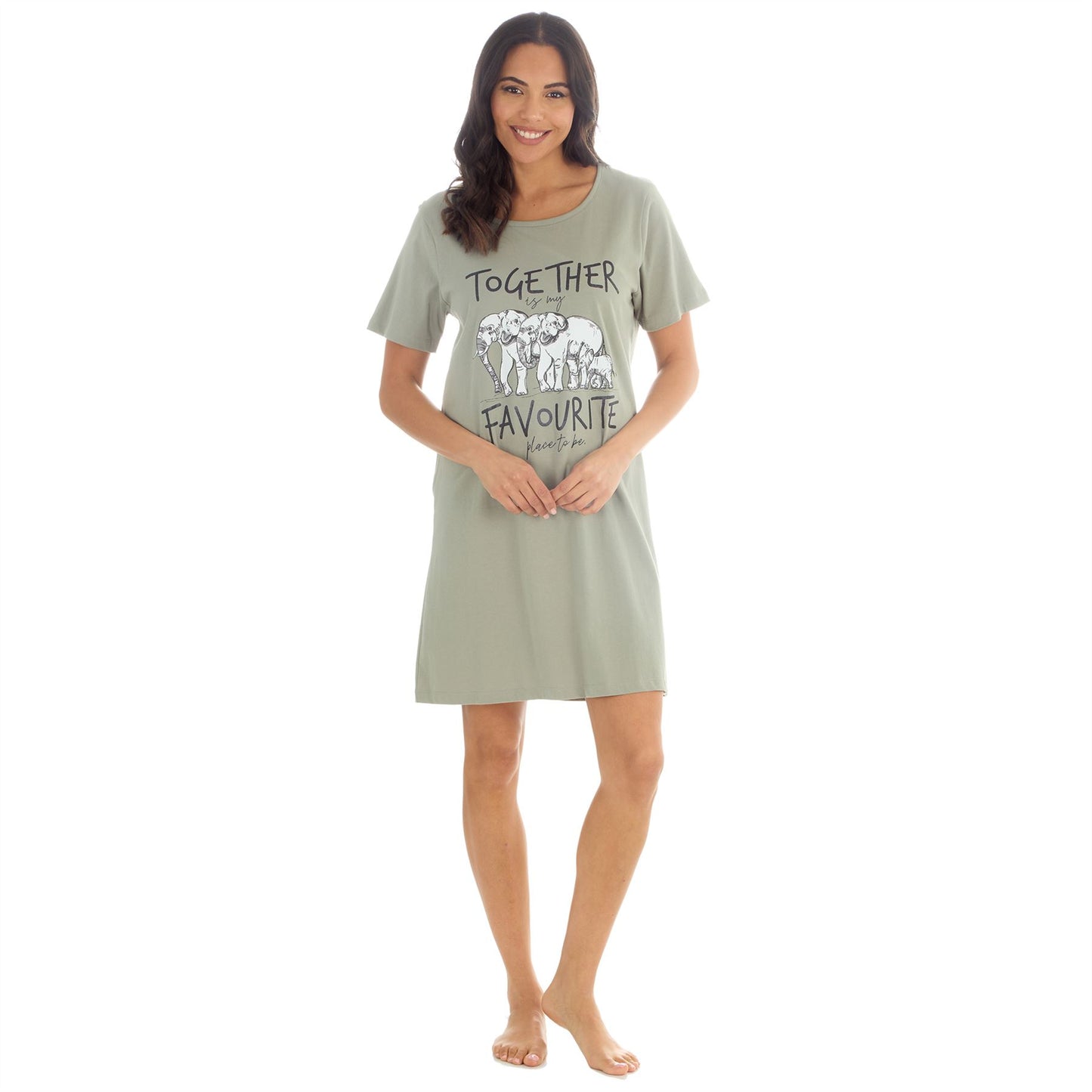 Forever Dreaming Elephants 'Together' Womens Nightdress - Khaki