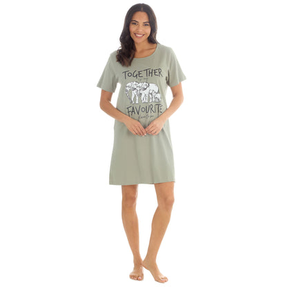 Forever Dreaming Elephants 'Together' Womens Nightdress - Khaki