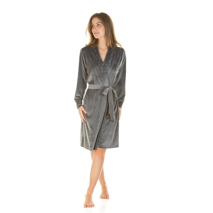 La Marquise Womens Velour Lounge Diamond Sequin Robe - Charcoal