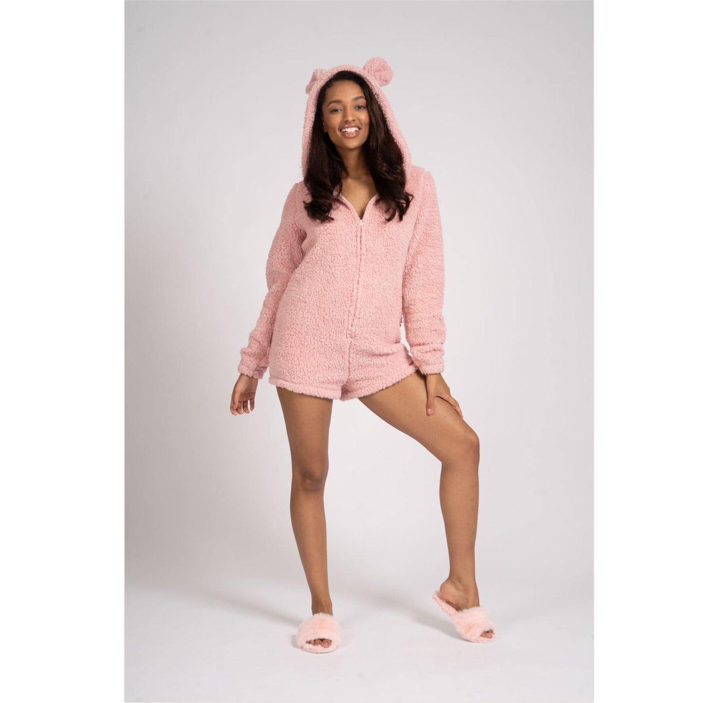 Loungeable Womens Teddy Sherpa Fleece Romper Onesie - Pink