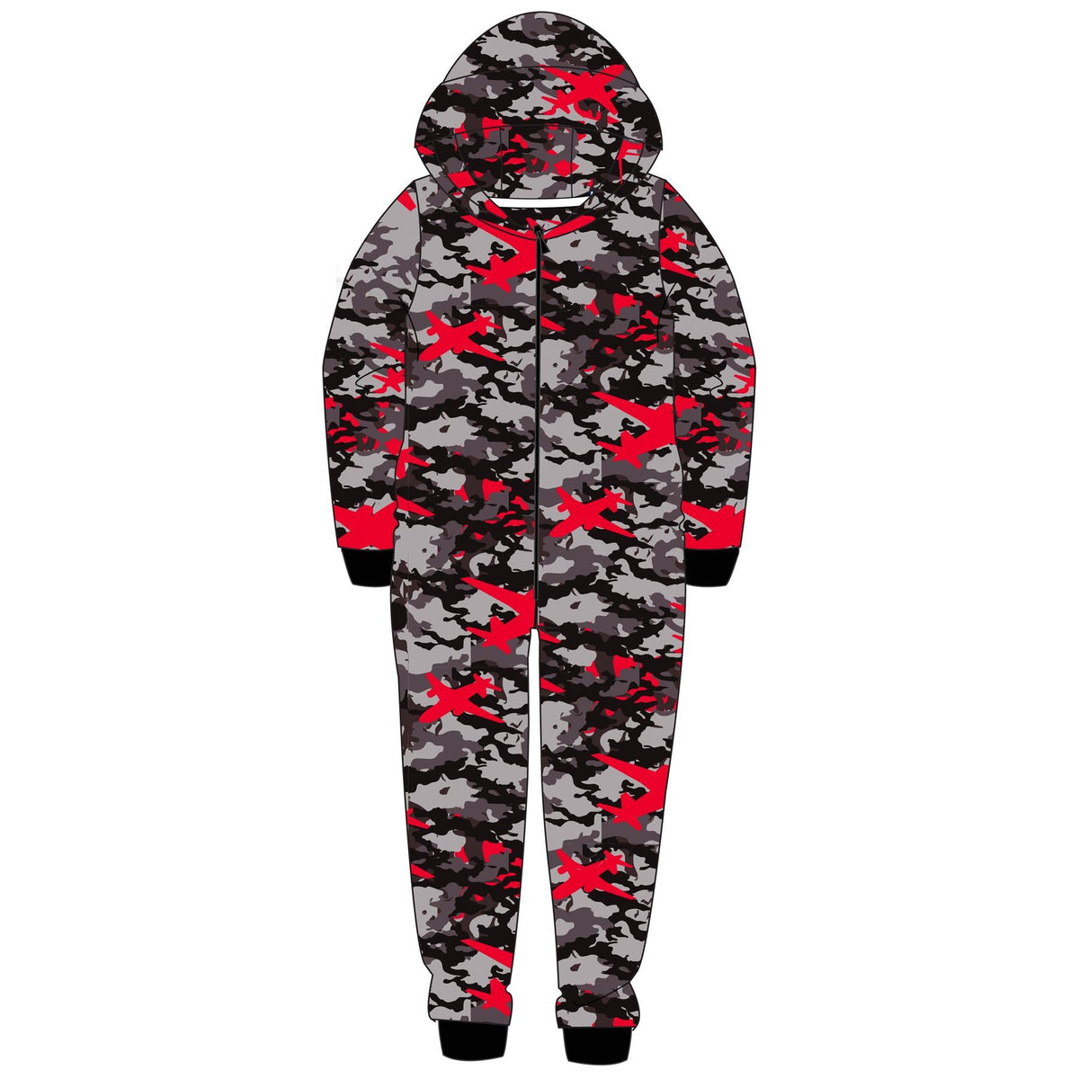 Kids Camo Hooded Fleece Onesie - Grey Evotex