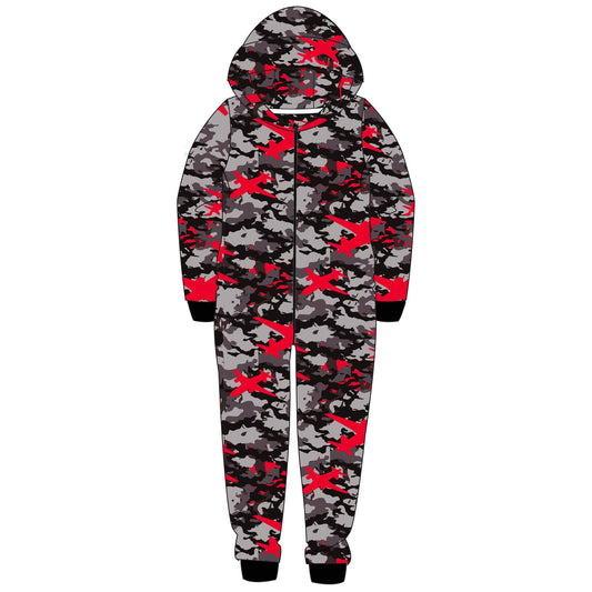 Kids Camo Hooded Fleece Onesie - Grey