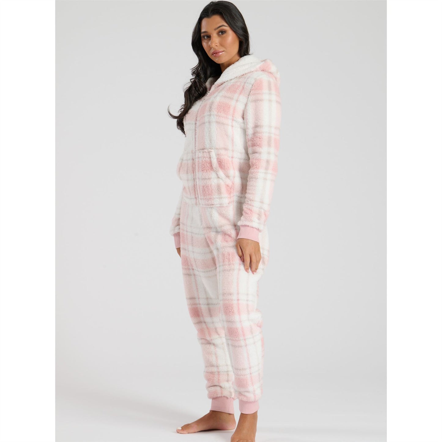 Loungeable Womens Well Soft Check Fleece Onesie - Pink