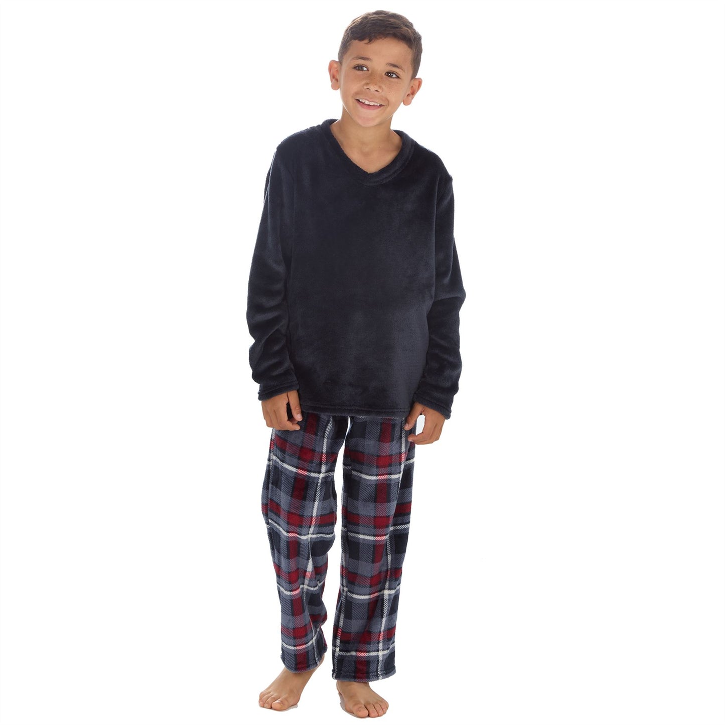 Cargo Bay Kids Fleece Pyjamas - Navy/Burgundy Check
