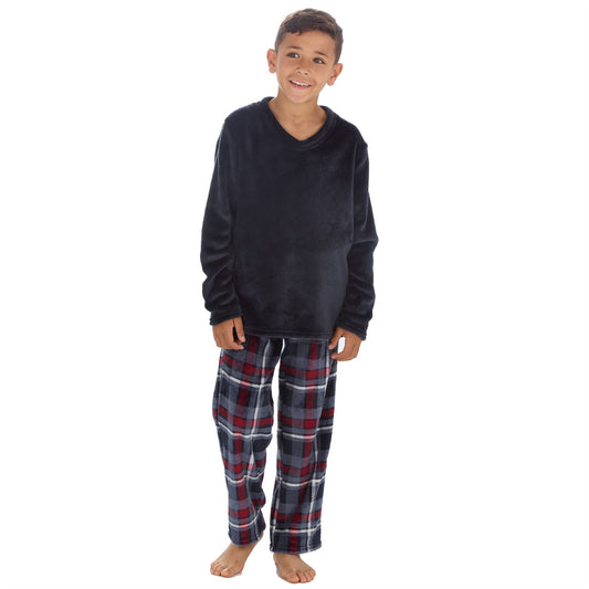 Cargo Bay Kids Fleece Pyjamas - Navy/Burgundy Check