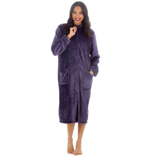 Countess Christie Womens Embossed Fleece Zip Robe - Purple