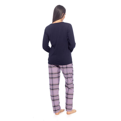 Foxbury Womens Jersey Top and Check Bottoms Pyjama Set - Navy/Lilac