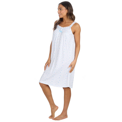 Cottonique Sleeveless Floral Nightdress - White/Blue