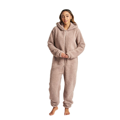 Loungeable Womens Sherpa Fleece Teddy Bear Onesie - Mink