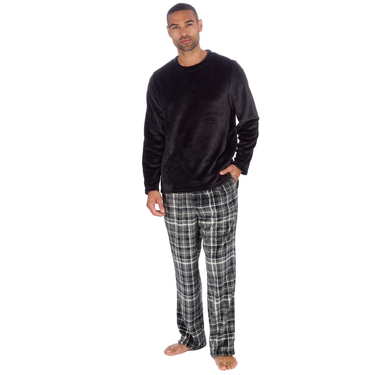 Cargo Bay Mens Fleece Check Pyjamas - Black/Grey Check