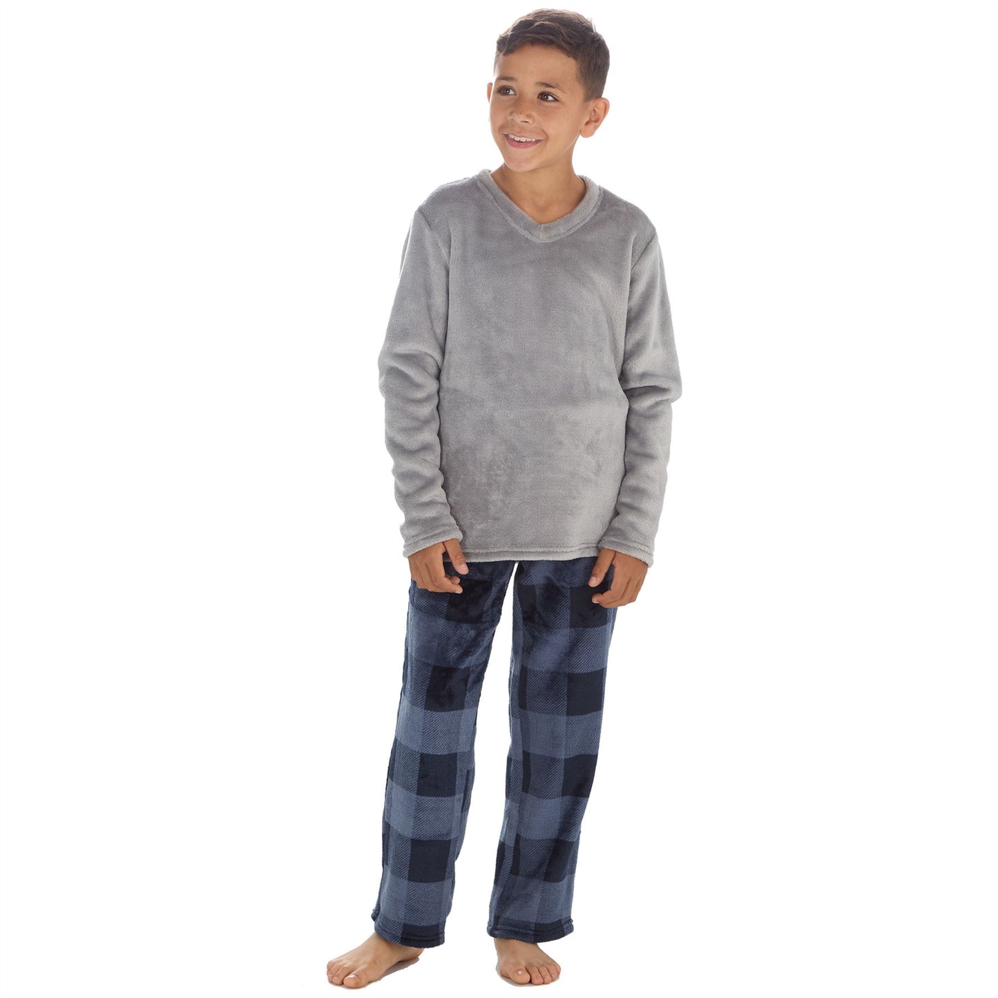 Cargo Bay Kids Fleece Pyjamas - Grey/Navy Check