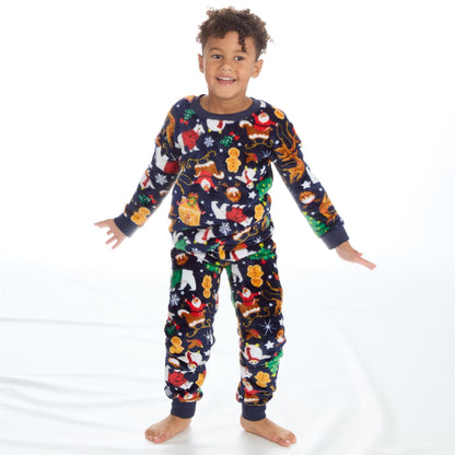 Kids All Over Print Fleece Christmas Pyjamas - Navy (2-6 Years)