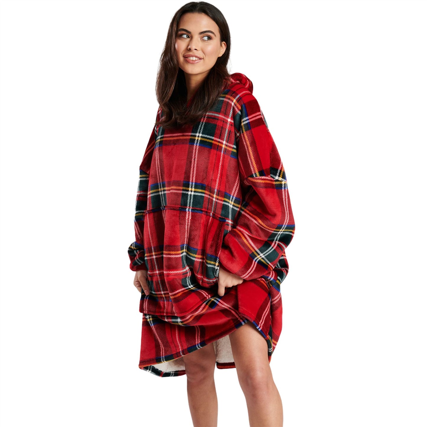 Loungeable Womens Tartan Sherpa Lined Fleece Poncho - Red Check