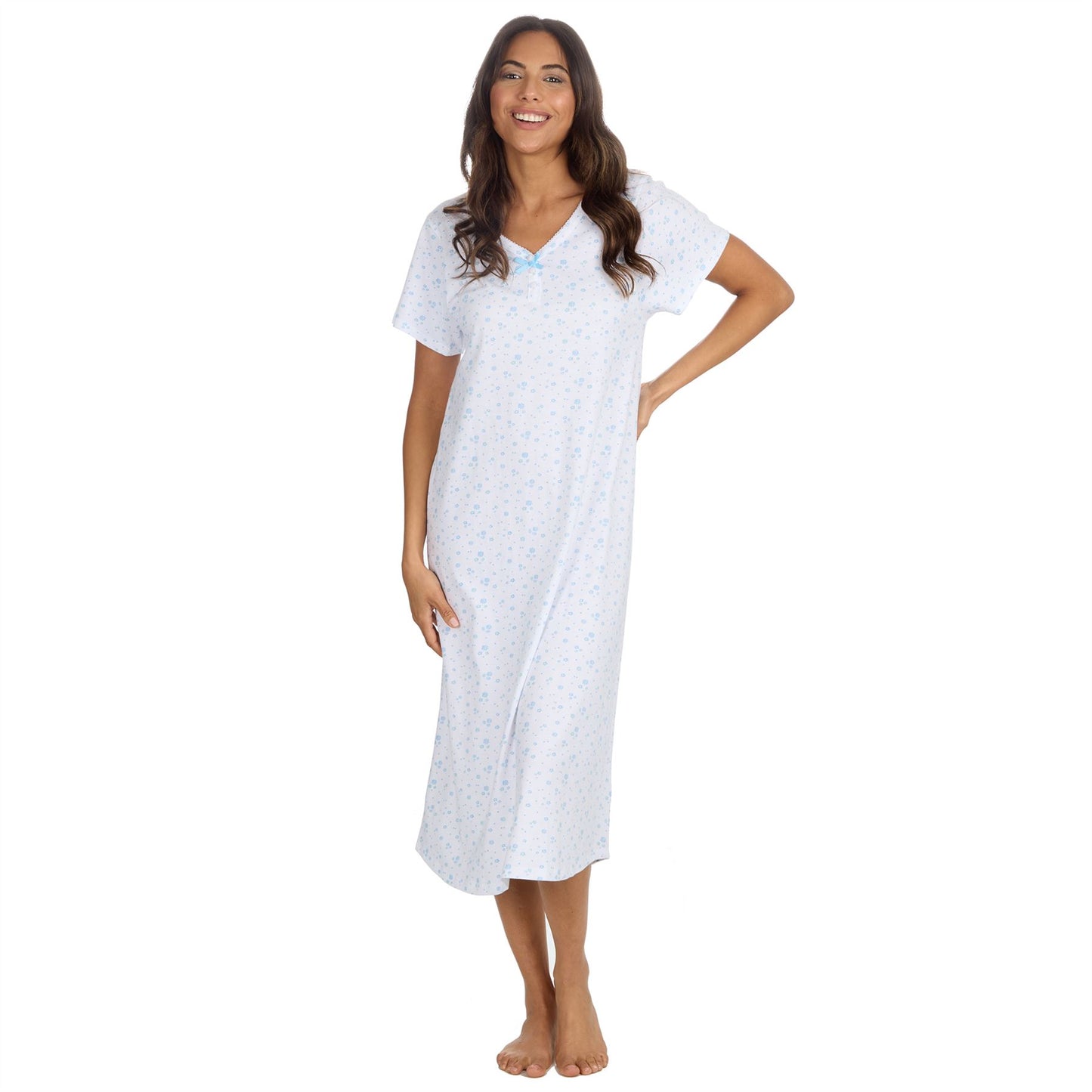 Cottonique Short Sleeve Floral Longline Nightdress - White/Blue