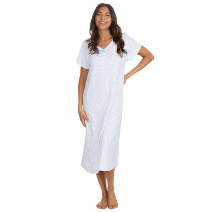 Cottonique Short Sleeve Floral Longline Nightdress - White/Blue
