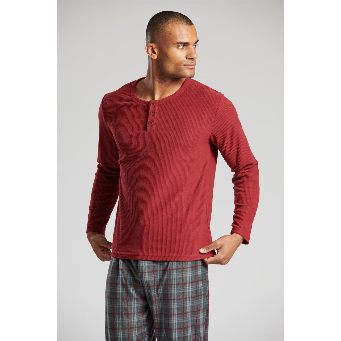 Loungeable Mens Ribbed Fleece Pyjamas - Red/Grey Check
