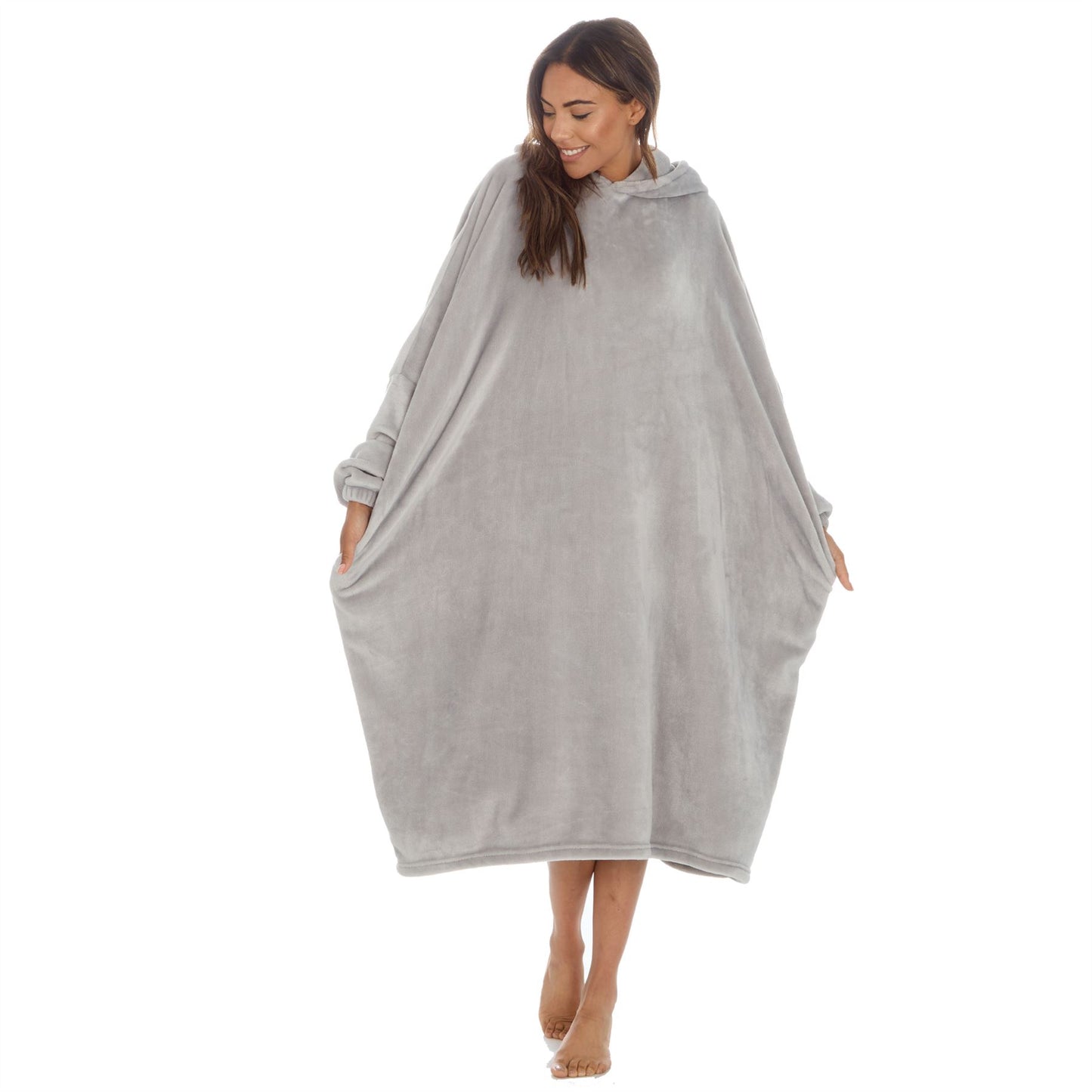 Slumber Party Womens Fleece Longline Hooded Poncho - Grey