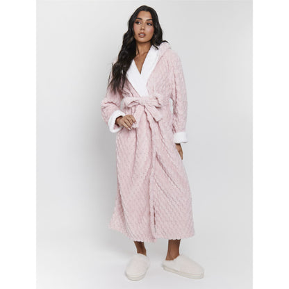 Loungeable Luxury Geometric Fleece Hooded Maxi Robe - Pink