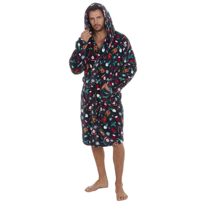Slumber Party Unisex Christmas Print Flannel Fleece Robe - Navy