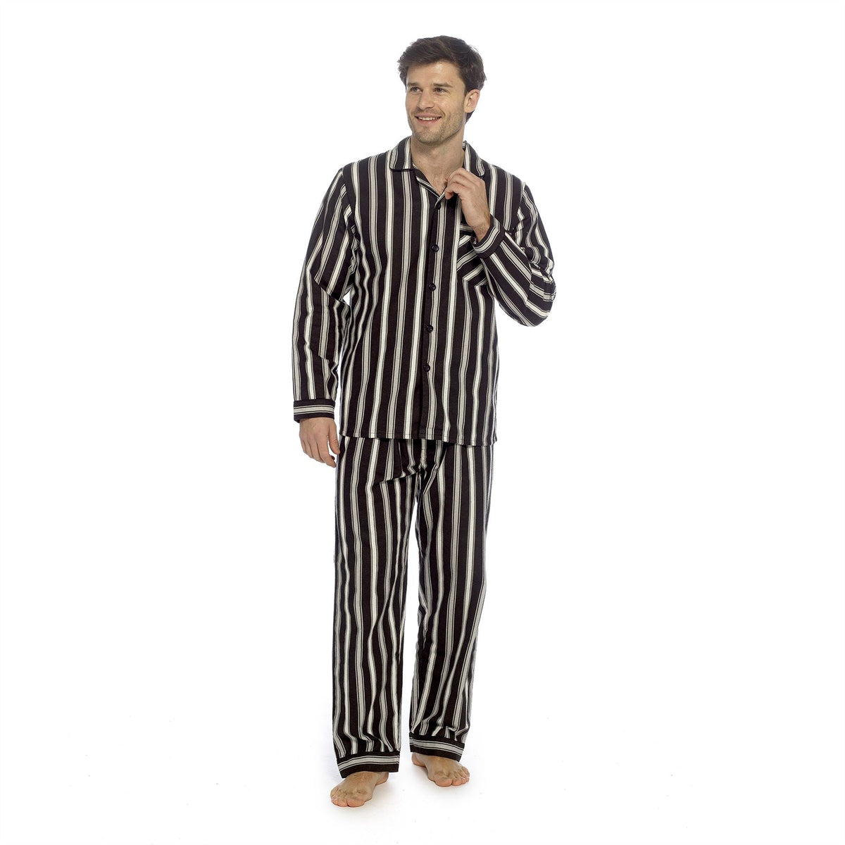 Tom Franks Mens Flannel Pyjamas - Black/White Stripe Tom Franks