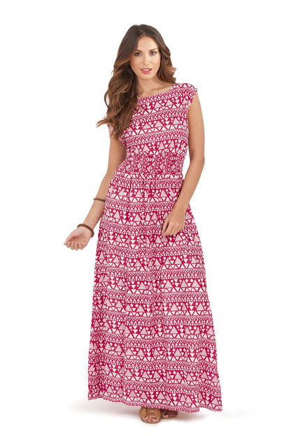 Pistachio Round Neck Multi Pattern Maxi Dress - Red