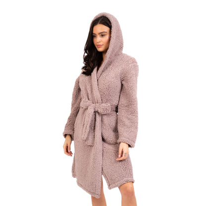 Loungeable Womens Sherpa Fleece Hooded Robe - Taupe