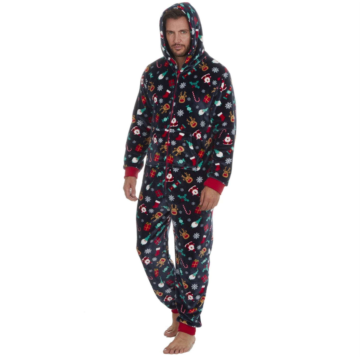 Slumber Party Unisex Christmas Print Flannel Fleece Onesie - Navy