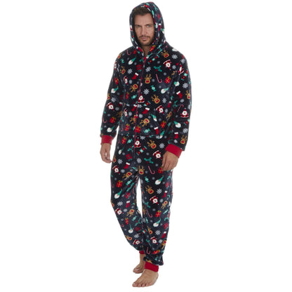 Slumber Party Unisex Christmas Print Flannel Fleece Onesie - Navy