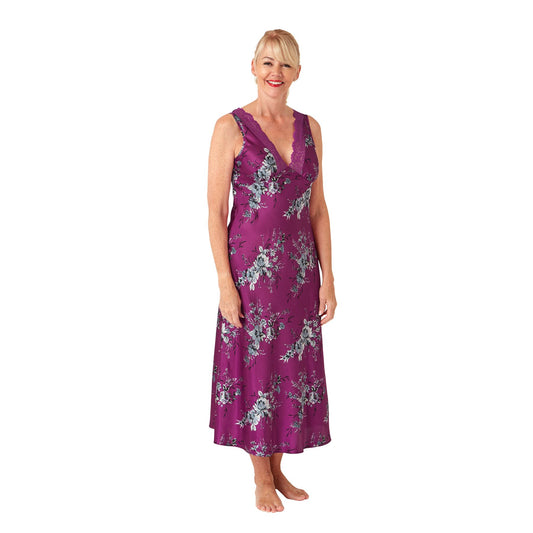 Marlon Womens Long Floral Satin Nightdress - Fuchsia