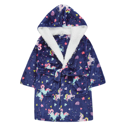 Minikidz Kids Unicorn Print Hooded Fleece Robe - Navy
