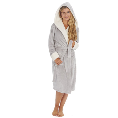 Forever Dreaming Womens Shimmer/Borg Contrast Fleece Robe - Grey