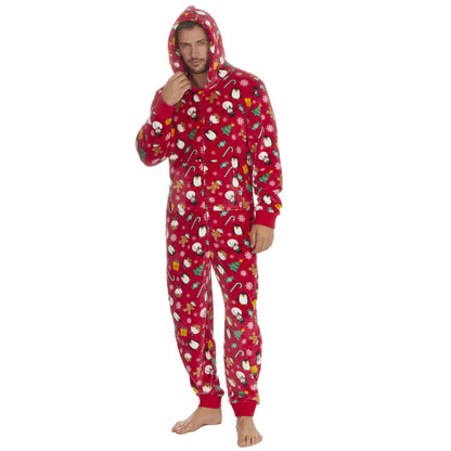 Onezee Unisex Christmas Print Flannel Fleece Onesie - Red