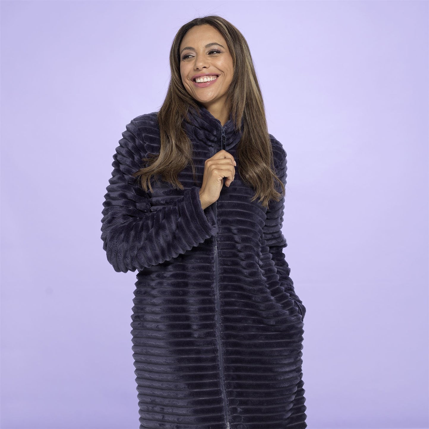 Wolf and Harte Womens Zip Through Ribbed Fleece Robe - Navy