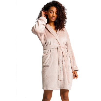 Loungeable Womens Satin Trim Fleece Hooded Robe - Mink