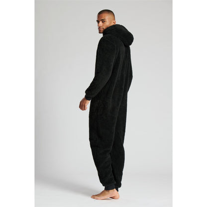 Loungeable Mens Sherpa Fleece Hooded Onesie - Black