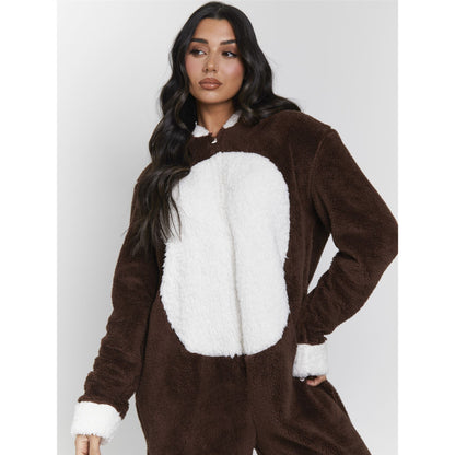 Loungeable Womens Reindeer Fleece Onesie - Brown/White