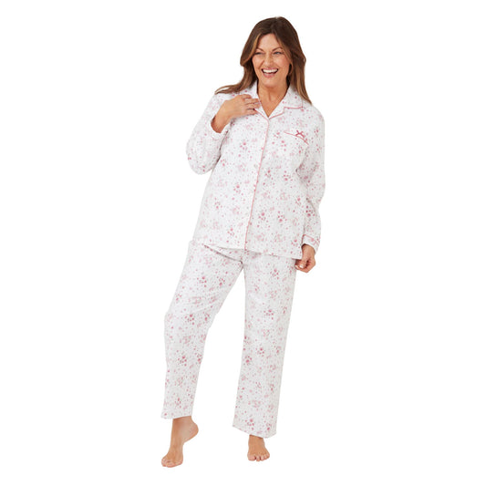 Marlon Womens Floral Brushed Cotton Pyjamas - White/Pink